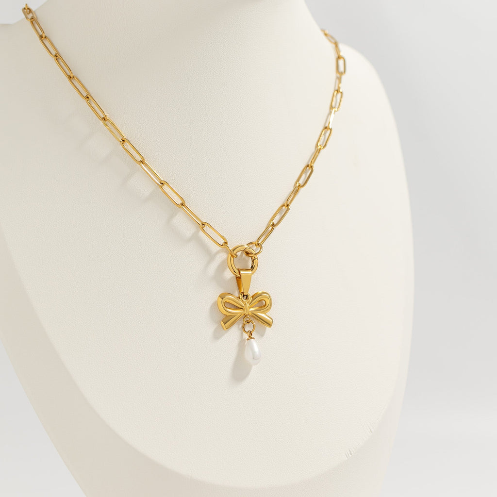 Gold Pearl Bow Charm – 18K Gold Pendant | Hypoallergenic Stainless Steel Charm - charm | Sunflower Soul Boutique