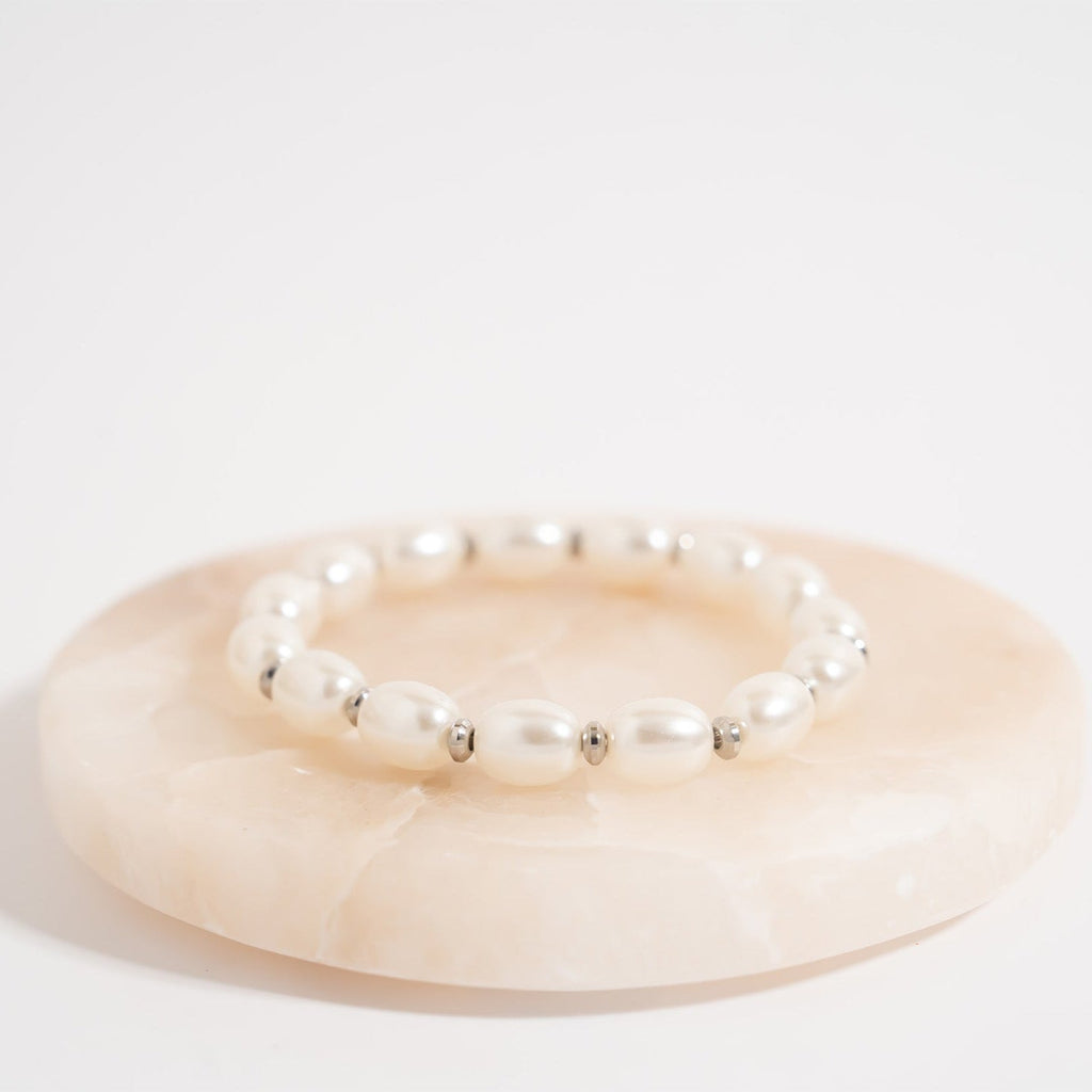 Gold Pearl Bracelet – 8mm Glass Pearl Stretch Band With Polished Gold Beads - Bracelets | Sunflower Soul Boutique