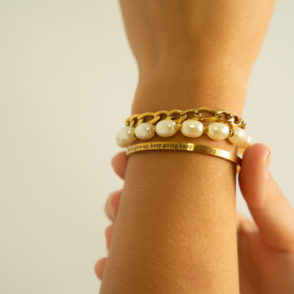 Gold Pearl Bracelet – 8mm Glass Pearl Stretch Band With Polished Gold Beads - Bracelets | Sunflower Soul Boutique