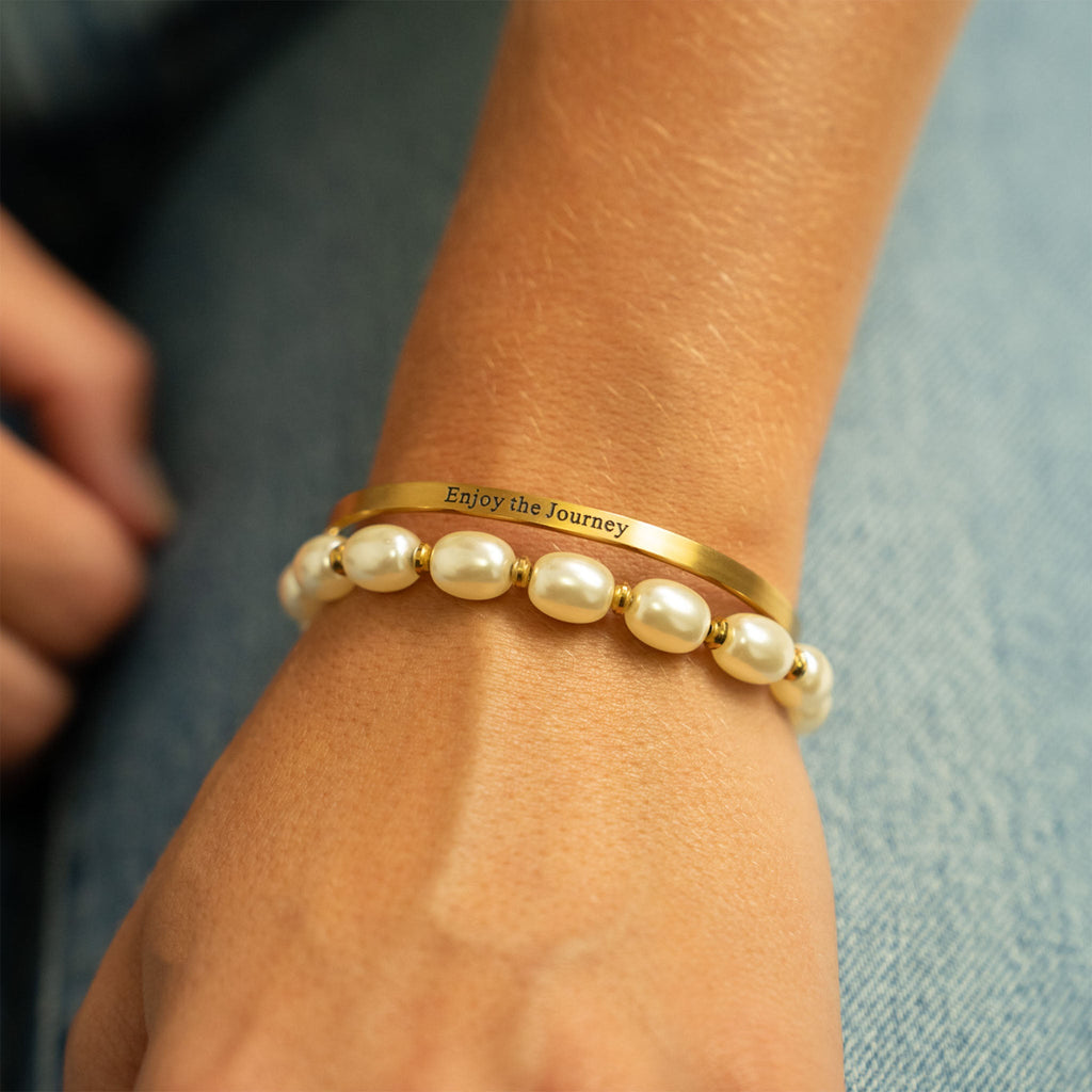 Gold Pearl Bracelet – 8mm Glass Pearl Stretch Band With Polished Gold Beads - Bracelets | Sunflower Soul Boutique