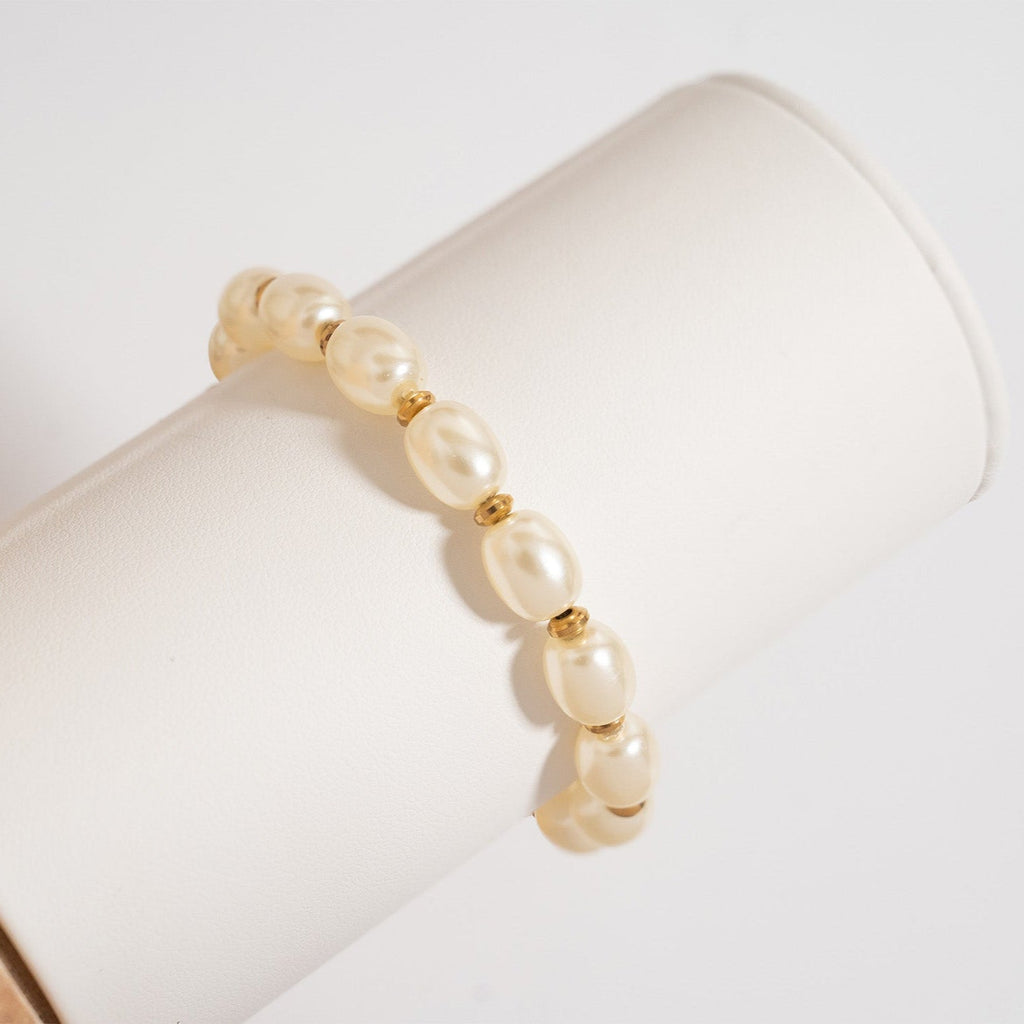 Gold Pearl Bracelet – 8mm Glass Pearl Stretch Band With Polished Gold Beads - Bracelets | Sunflower Soul Boutique