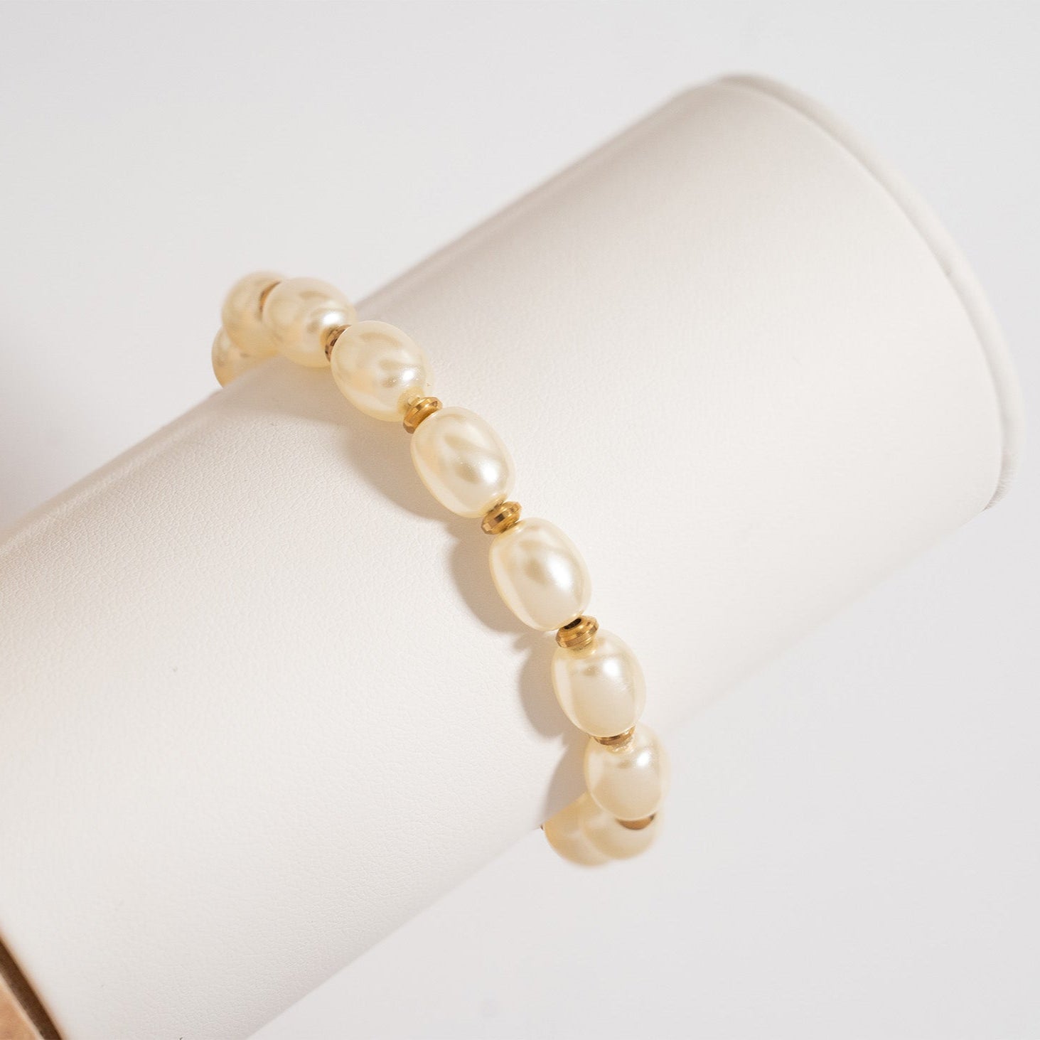 Gold Pearl Bracelet – 8mm Glass Pearl Stretch Band With Polished Gold Beads - Bracelets | Sunflower Soul Boutique