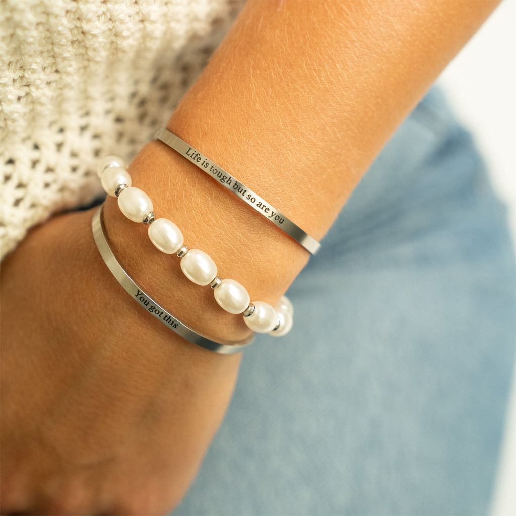 Gold Pearl Bracelet – 8mm Glass Pearl Stretch Band With Polished Gold Beads - Bracelets | Sunflower Soul Boutique