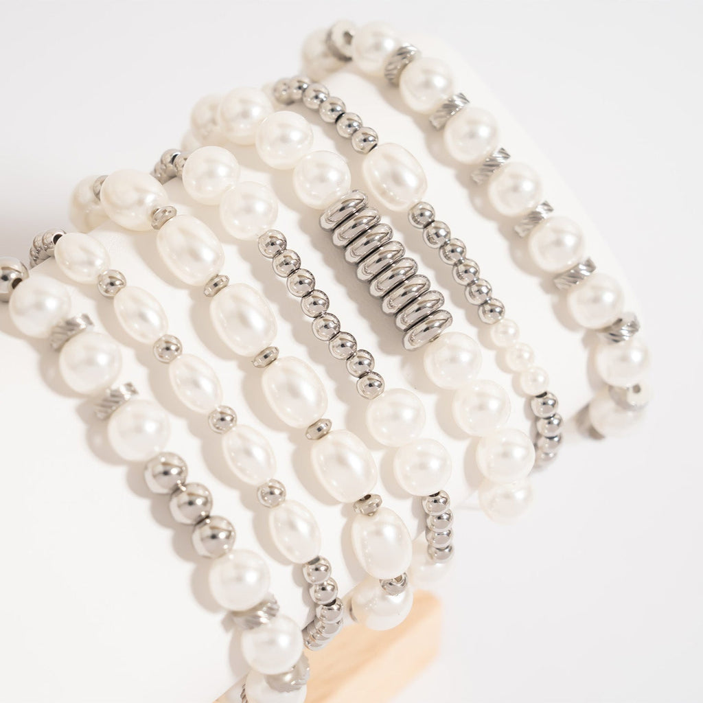 Gold Pearl Bracelet – 8mm Glass Pearl Stretch Band With Polished Gold Beads - Bracelets | Sunflower Soul Boutique