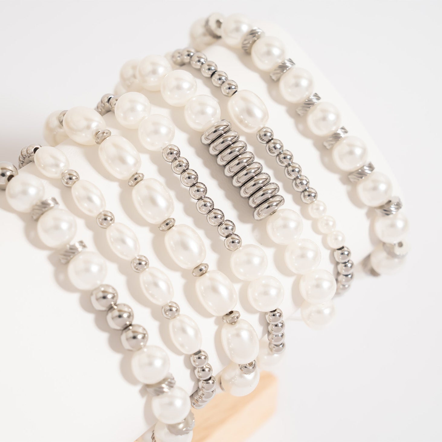 Gold Pearl Bracelet – 8mm Glass Pearl Stretch Band With Polished Gold Beads - Bracelets | Sunflower Soul Boutique