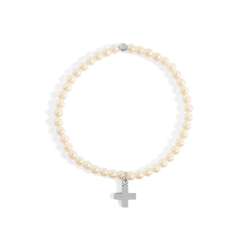 Gold Pearl Bracelet – Adjustable Stretch Bead Bracelet With Beaded Cross Charm - bracelet | Sunflower Soul Boutique