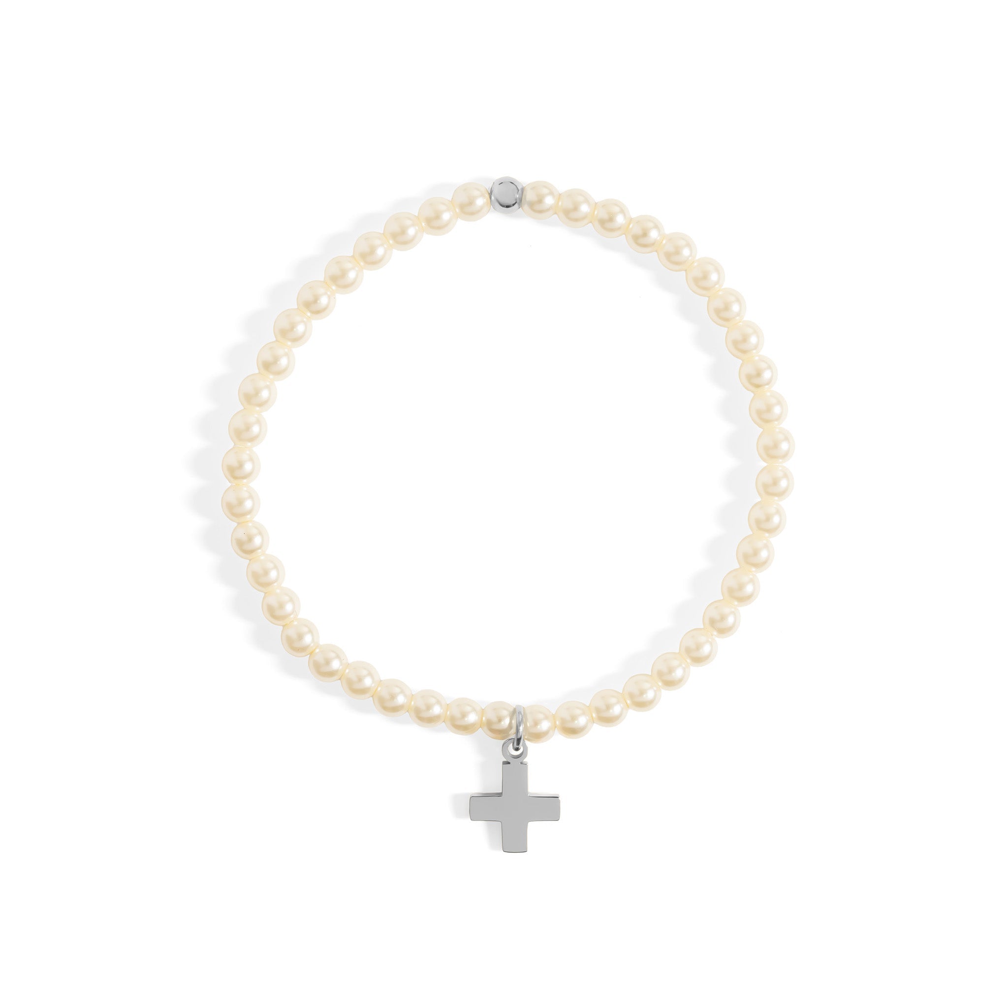 Gold Pearl Bracelet – Adjustable Stretch Bead Bracelet With Beaded Cross Charm - bracelet | Sunflower Soul Boutique