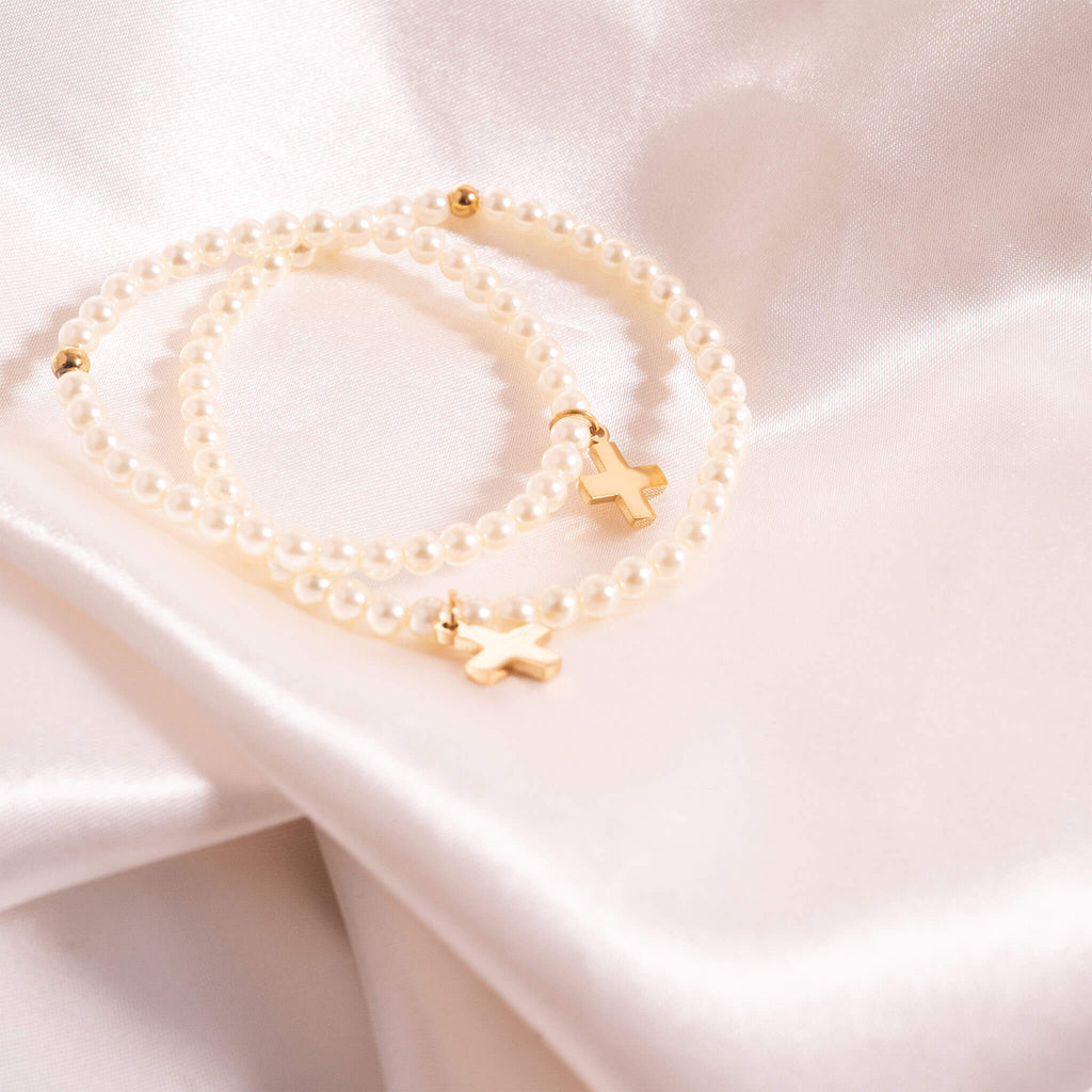 Gold Pearl Bracelet – Adjustable Stretch Bead Bracelet With Beaded Cross Charm - bracelet | Sunflower Soul Boutique