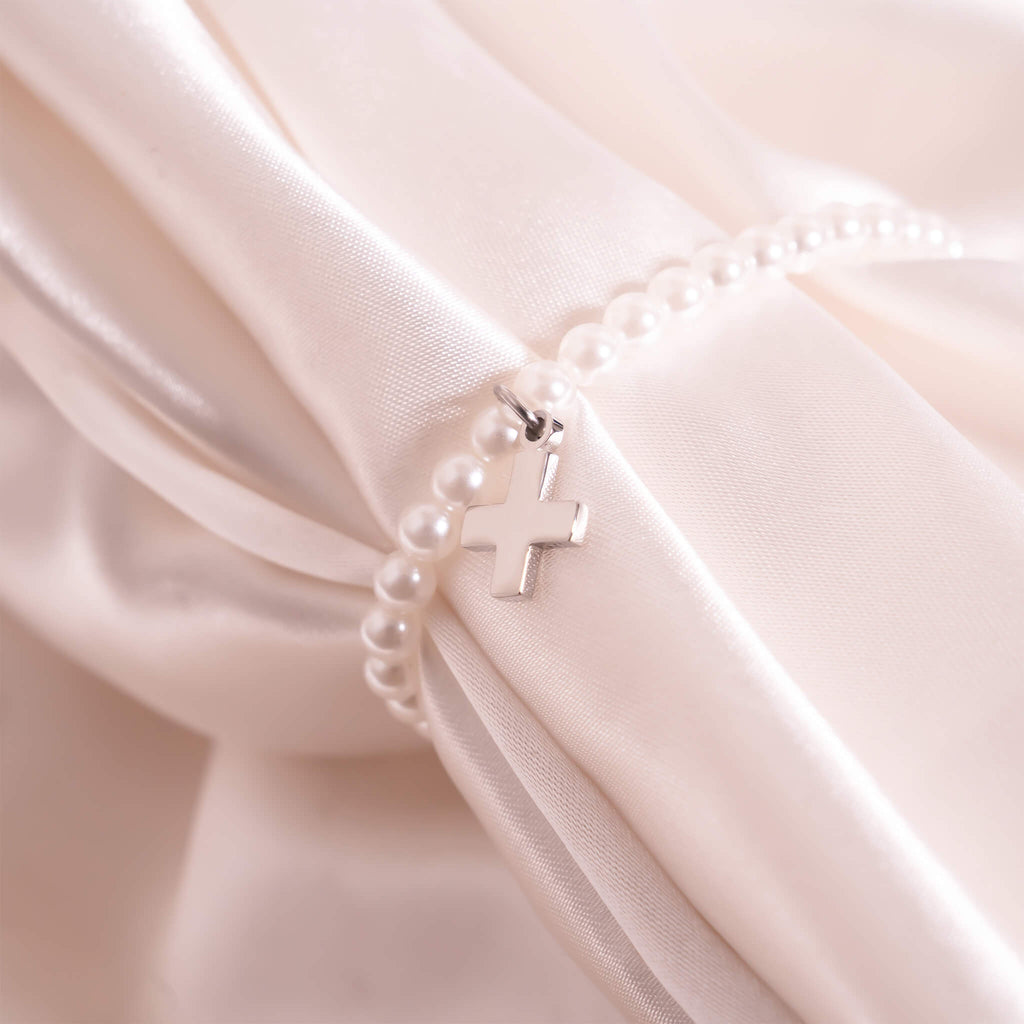 Gold Pearl Bracelet – Adjustable Stretch Bead Bracelet With Beaded Cross Charm - bracelet | Sunflower Soul Boutique