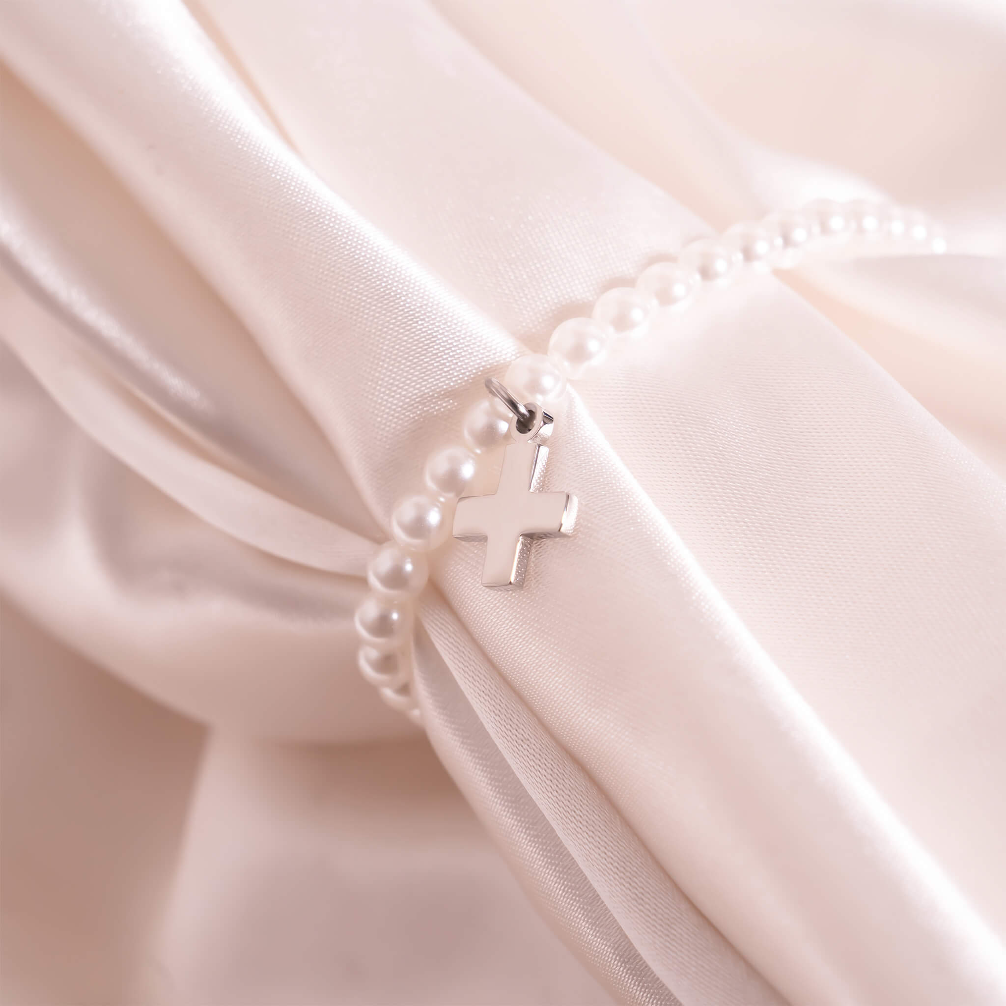 Gold Pearl Bracelet – Adjustable Stretch Bead Bracelet With Beaded Cross Charm - bracelet | Sunflower Soul Boutique