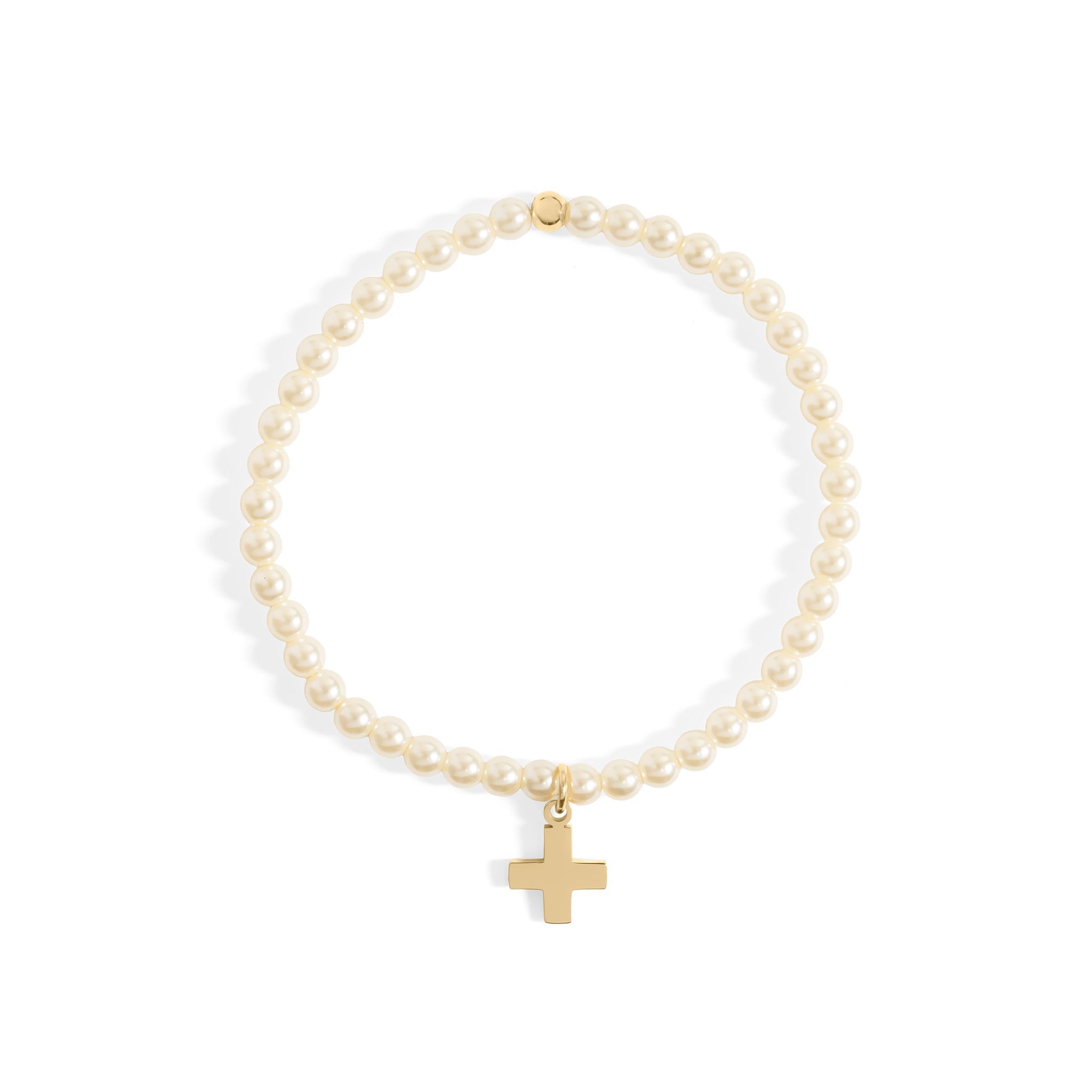 Gold Pearl Bracelet – Adjustable Stretch Bead Bracelet With Beaded Cross Charm - bracelet | Sunflower Soul Boutique