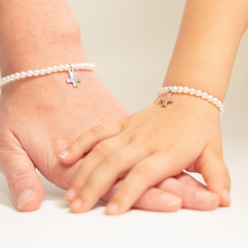Gold Pearl Bracelet – Adjustable Stretch Bead Bracelet With Beaded Cross Charm - bracelet | Sunflower Soul Boutique