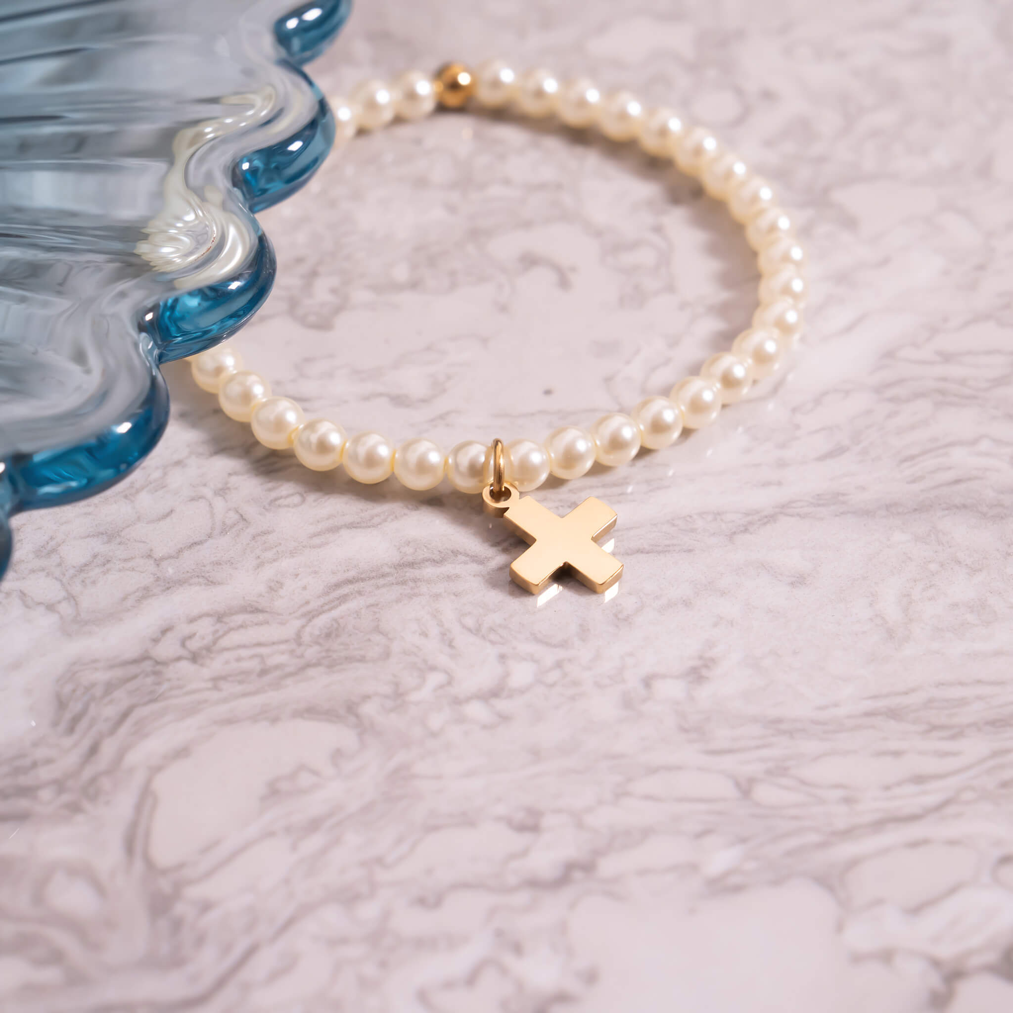 Gold Pearl Bracelet – Adjustable Stretch Bead Bracelet With Beaded Cross Charm - bracelet | Sunflower Soul Boutique