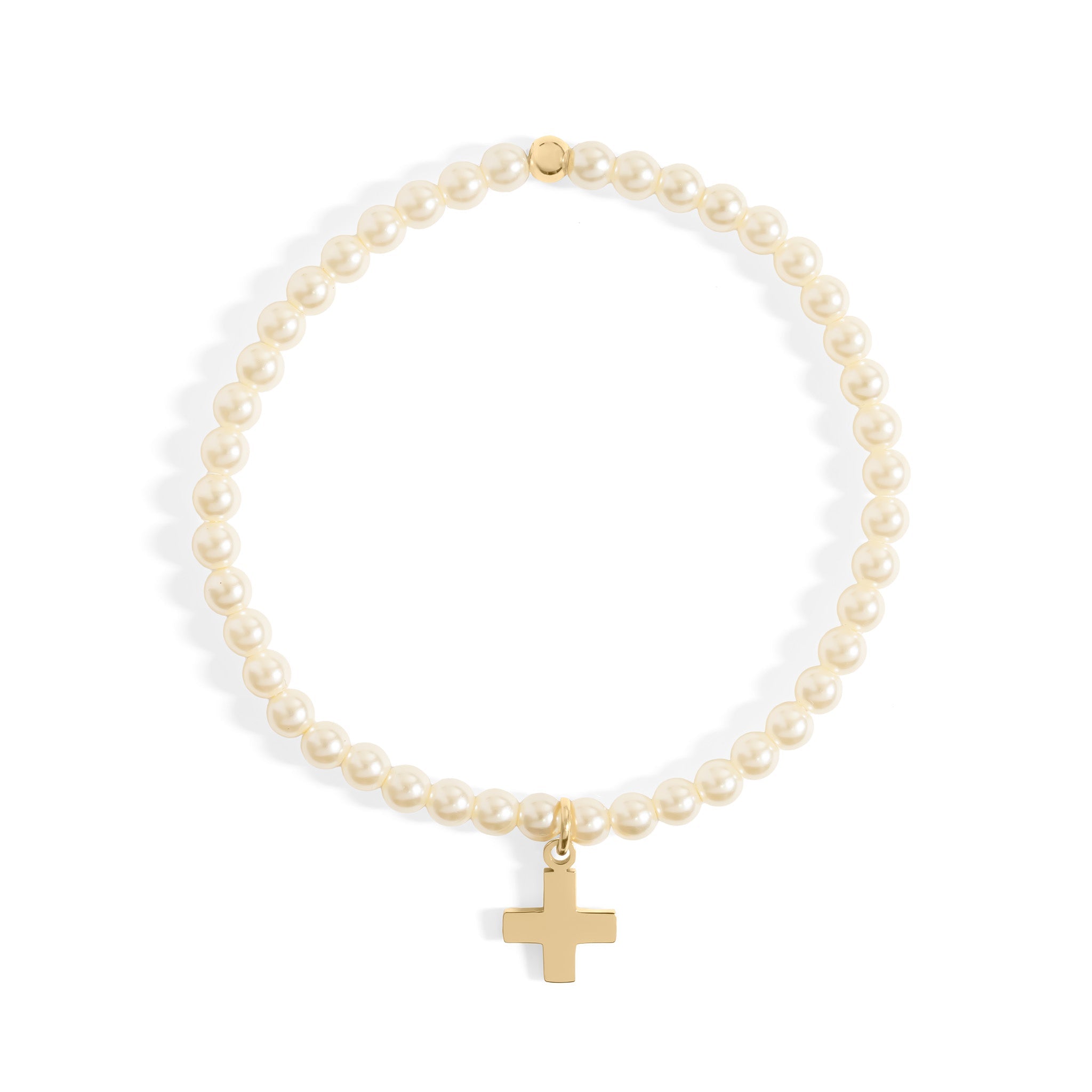 Gold Pearl Bracelet – Stretch Beaded Faux Pearl Jewelry with Gold Cross Charm - bracelet | Sunflower Soul Boutique