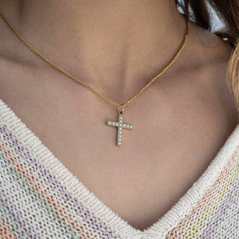 Gold Pearl Cross Charm | 18K Gold Charm – Hypoallergenic Stainless Steel Jewelry - charm | Sunflower Soul Boutique