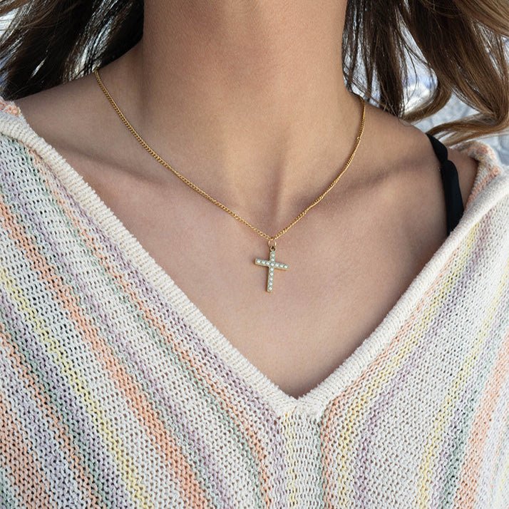 Gold Pearl Cross Charm | 18K Gold Charm – Hypoallergenic Stainless Steel Jewelry - charm | Sunflower Soul Boutique
