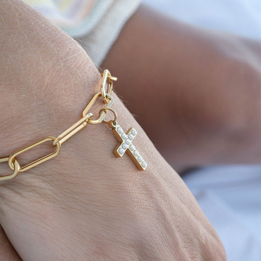 Gold Pearl Cross Charm | 18K Gold Charm – Hypoallergenic Stainless Steel Jewelry - charm | Sunflower Soul Boutique
