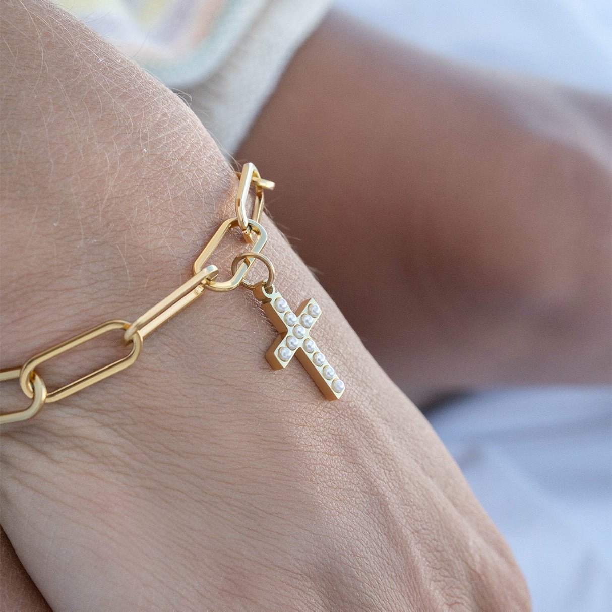 Gold Pearl Cross Charm | 18K Gold Charm – Hypoallergenic Stainless Steel Jewelry - charm | Sunflower Soul Boutique