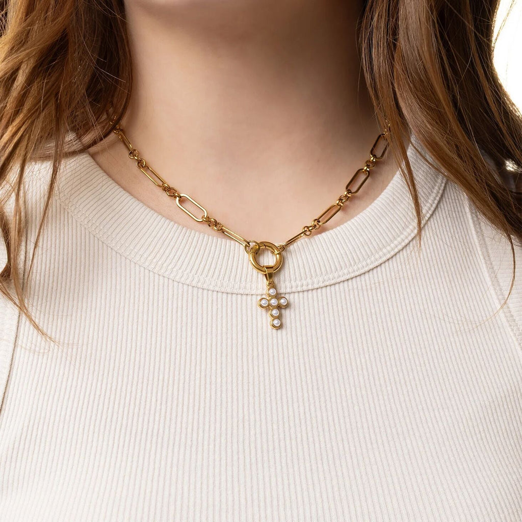 Gold Pearl Cross Charm – 18K Gold PVD Stainless Steel Waterproof Pendant - Charms | Sunflower Soul Boutique