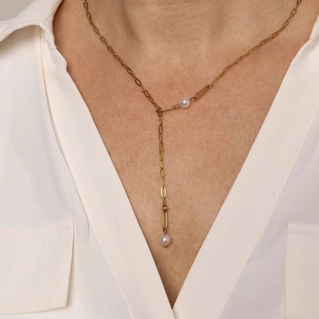 Gold Pearl Necklace – 18K Gold Jewelry Y Chain With Timeless Pendant - Necklaces | Sunflower Soul Boutique