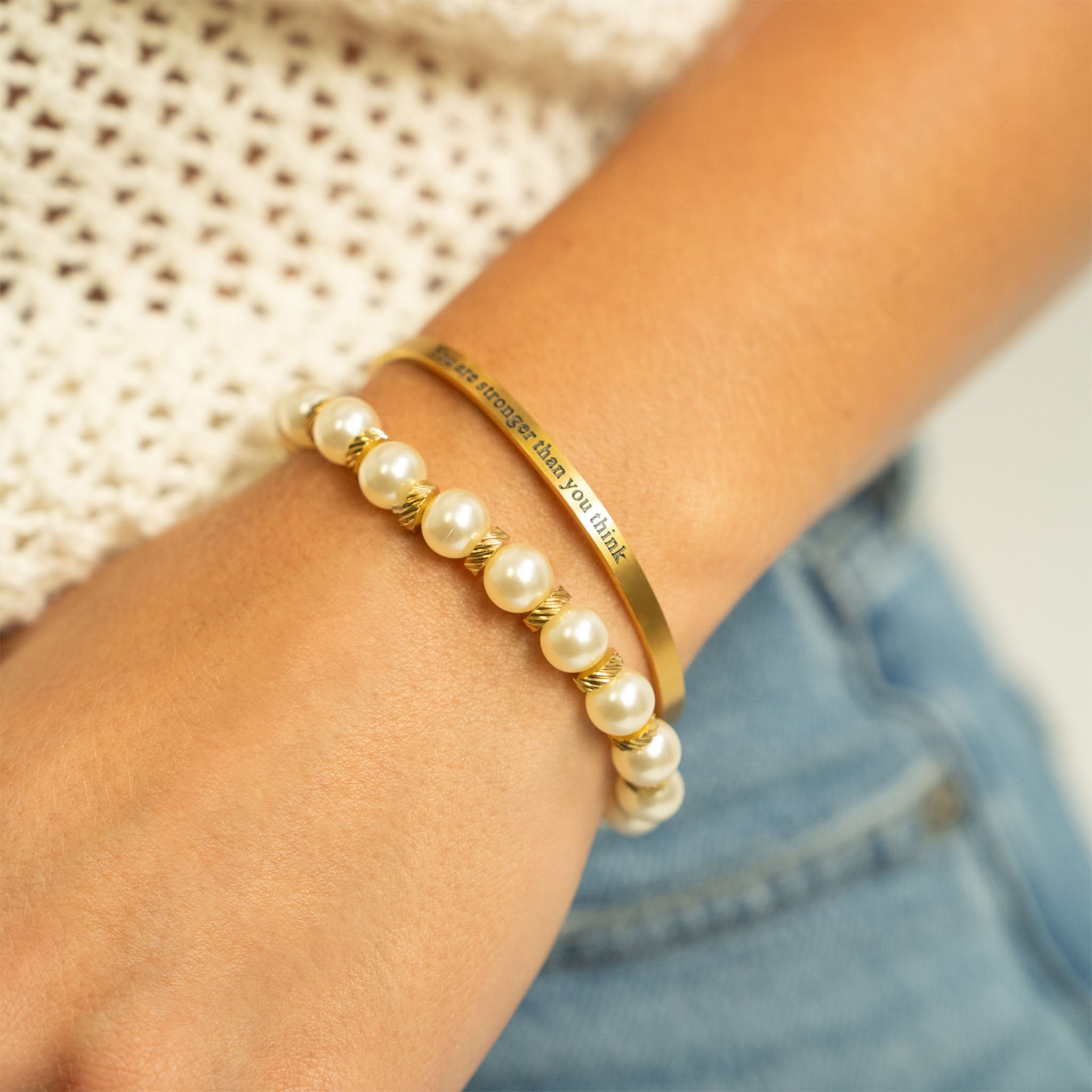 Gold Pearl Stretch Bracelet | 8mm Glass Pearls | Adjustable Fit | Tarnish Resistant Finish - Bracelets | Sunflower Soul Boutique