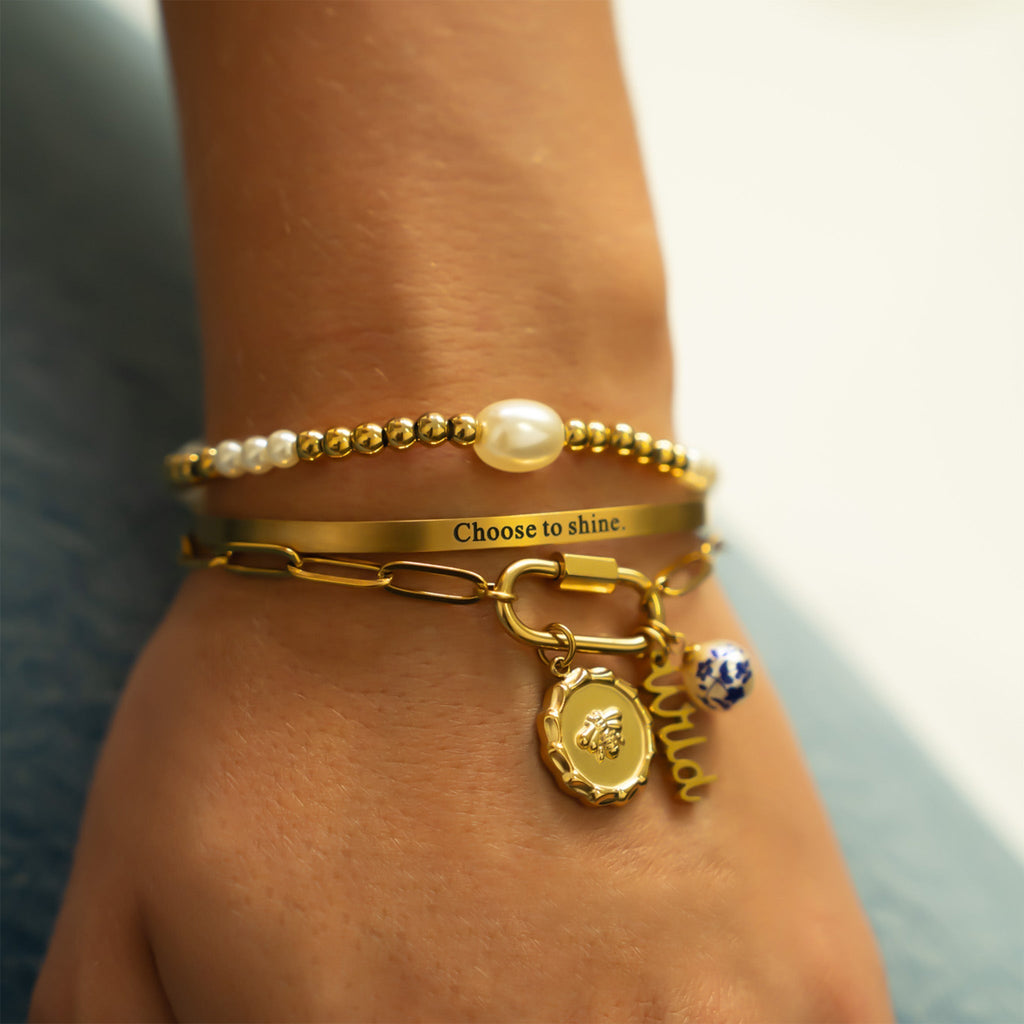 Gold Pearl Stretch Bracelet – 8mm Glass Pearls | Tarnish Resistant Jewelry - Bracelets | Sunflower Soul Boutique