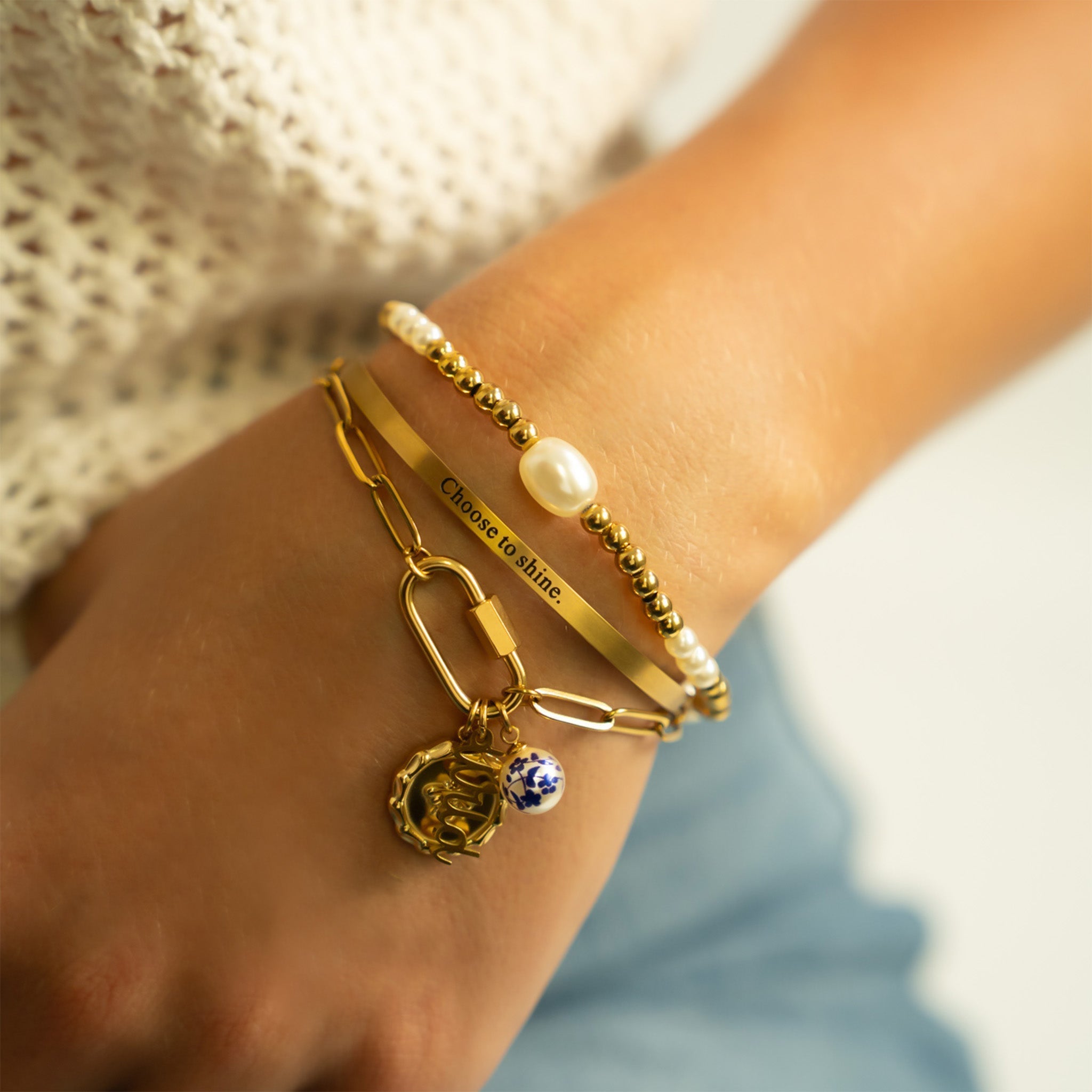 Gold Pearl Stretch Bracelet – 8mm Glass Pearls | Tarnish Resistant Jewelry - Bracelets | Sunflower Soul Boutique