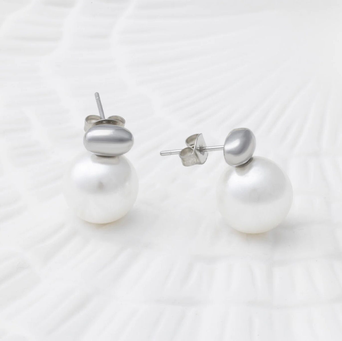 18K Gold PVD Stainless Steel 12mm glass Pearl Stud Earrings- silver studio