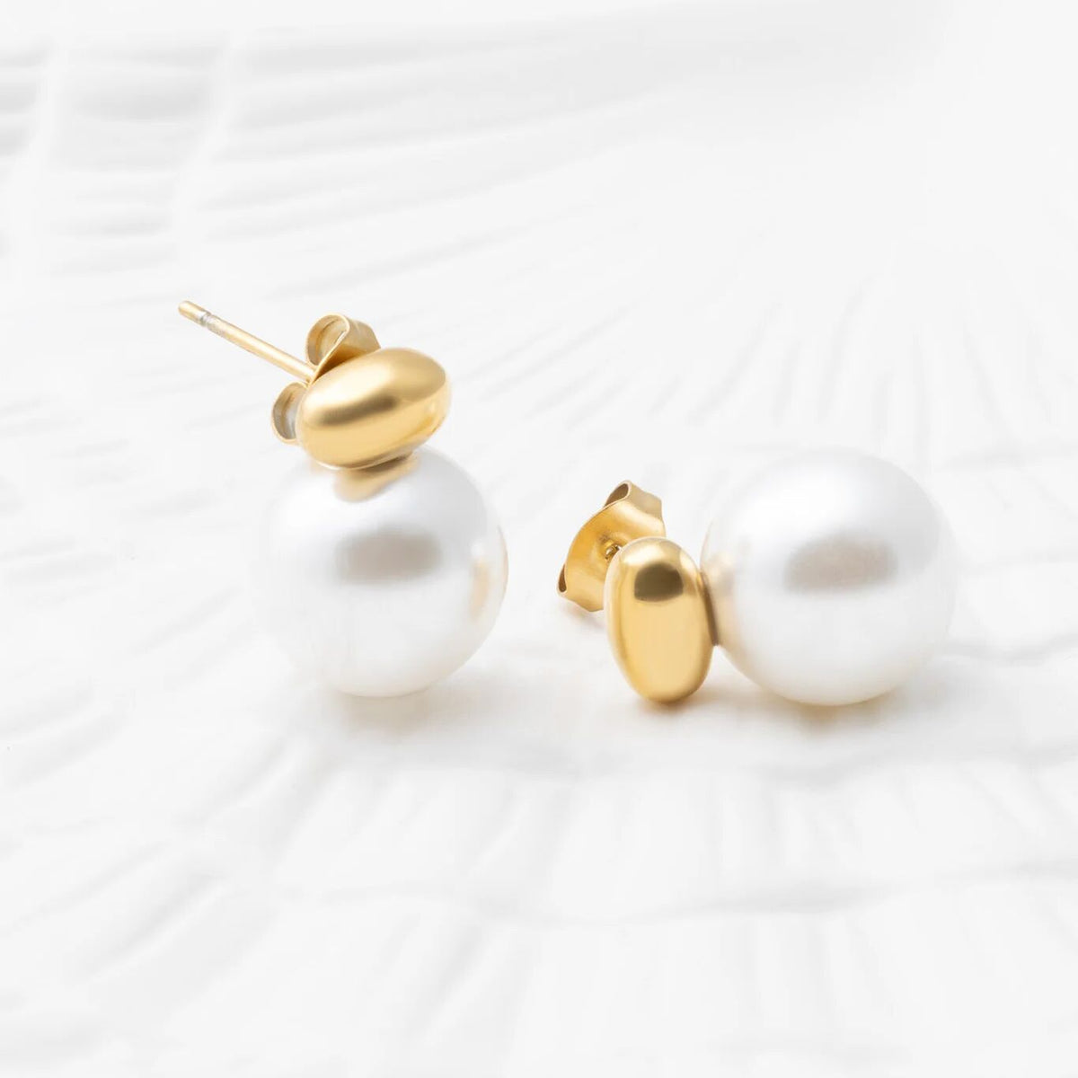 18K Gold PVD Stainless Steel 12mm glass Pearl Stud Earrings- gold studio