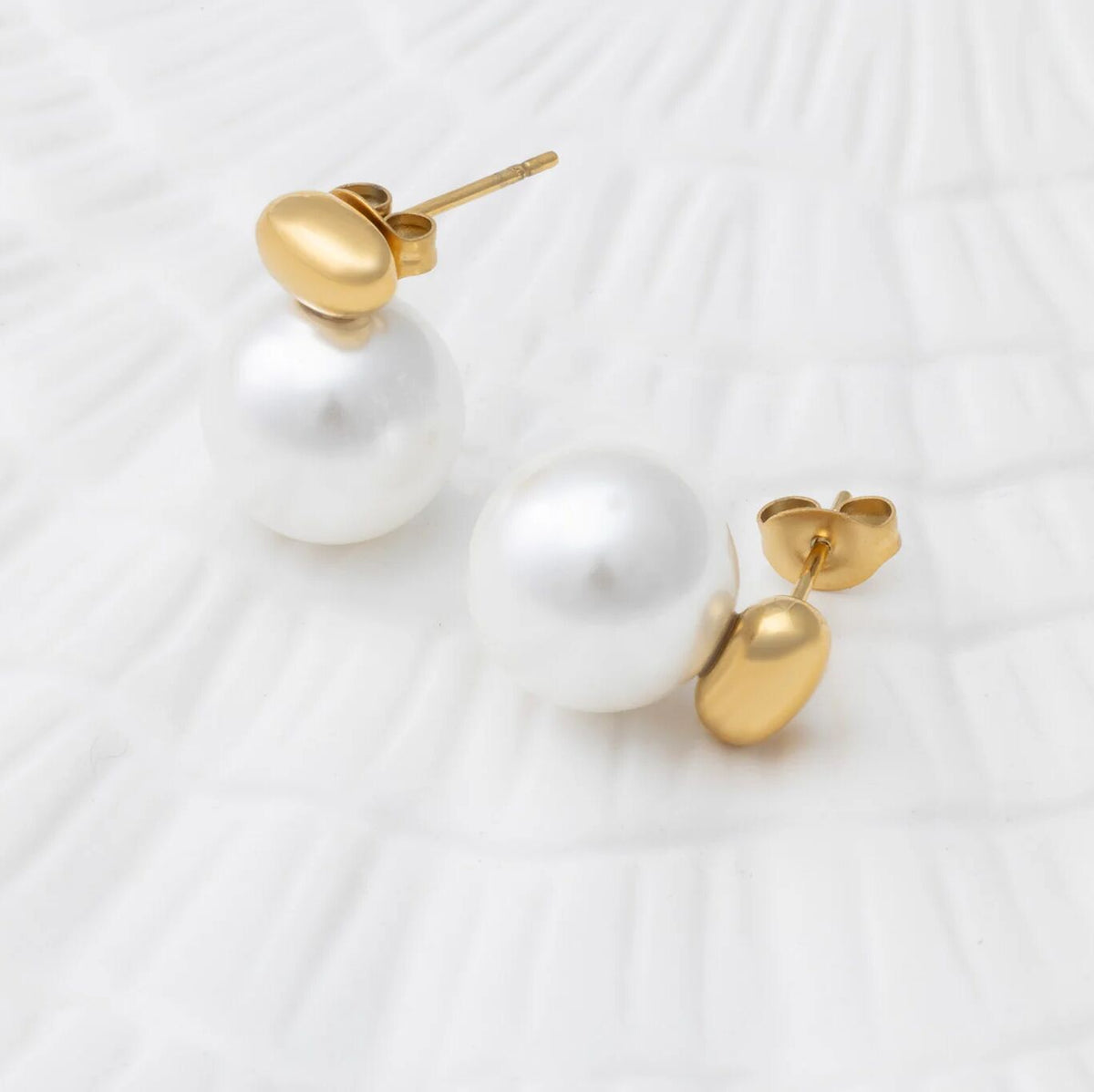 18K Gold PVD Stainless Steel 12mm glass Pearl Stud Earrings- gold studio