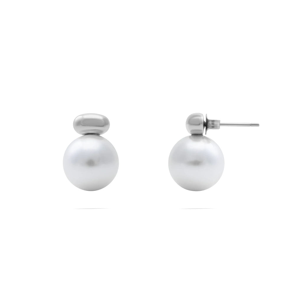 18K Gold PVD Stainless Steel 12mm glass Pearl Stud Earrings- silver main