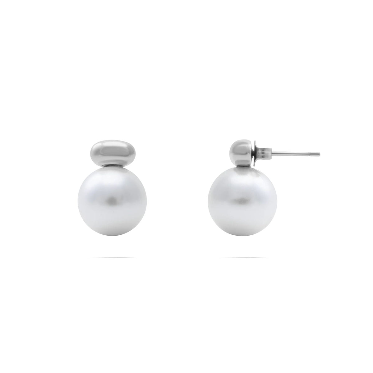 18K Gold PVD Stainless Steel 12mm glass Pearl Stud Earrings- silver main