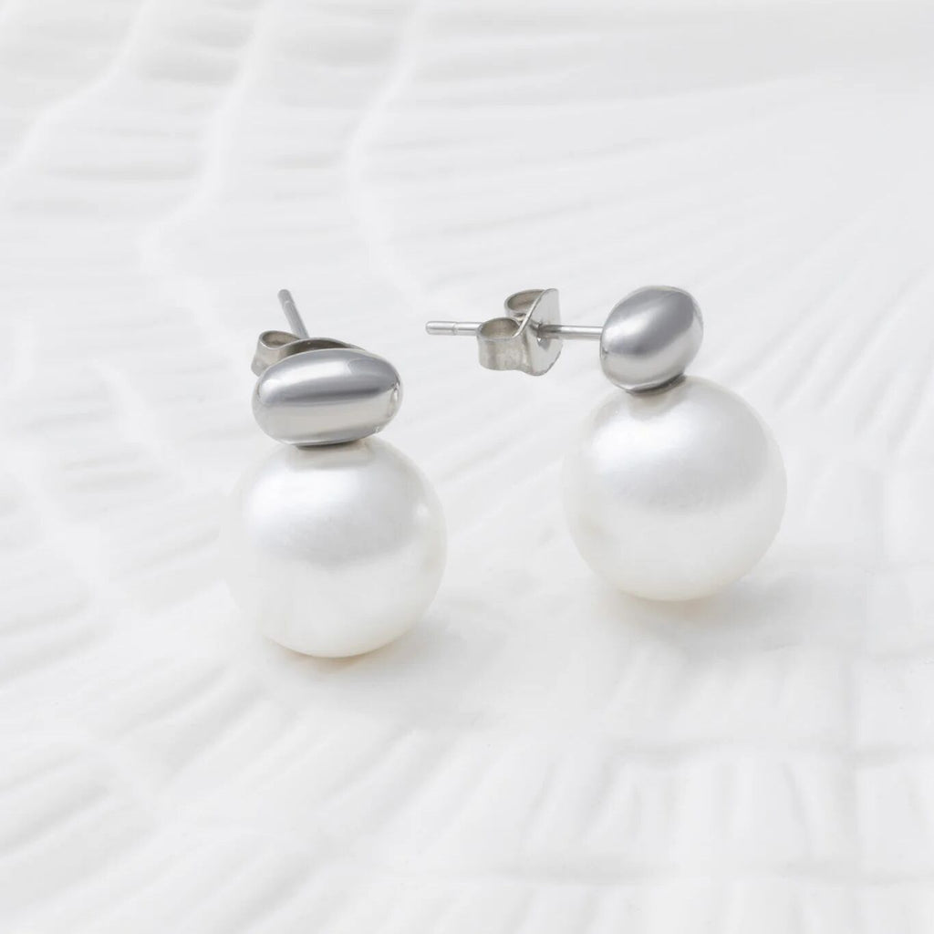 18K Gold PVD Stainless Steel 12mm glass Pearl Stud Earrings- silver studio