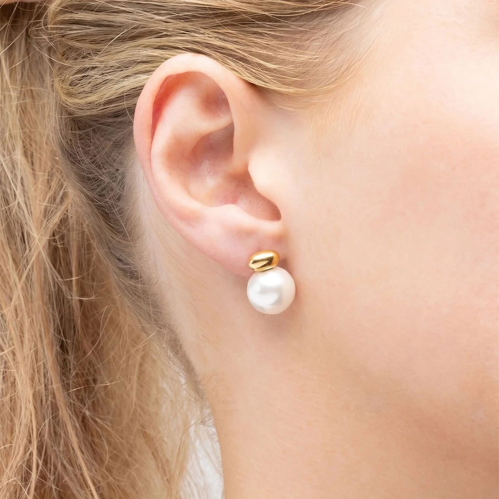 18K Gold PVD Stainless Steel 12mm glass Pearl Stud Earrings= gold model