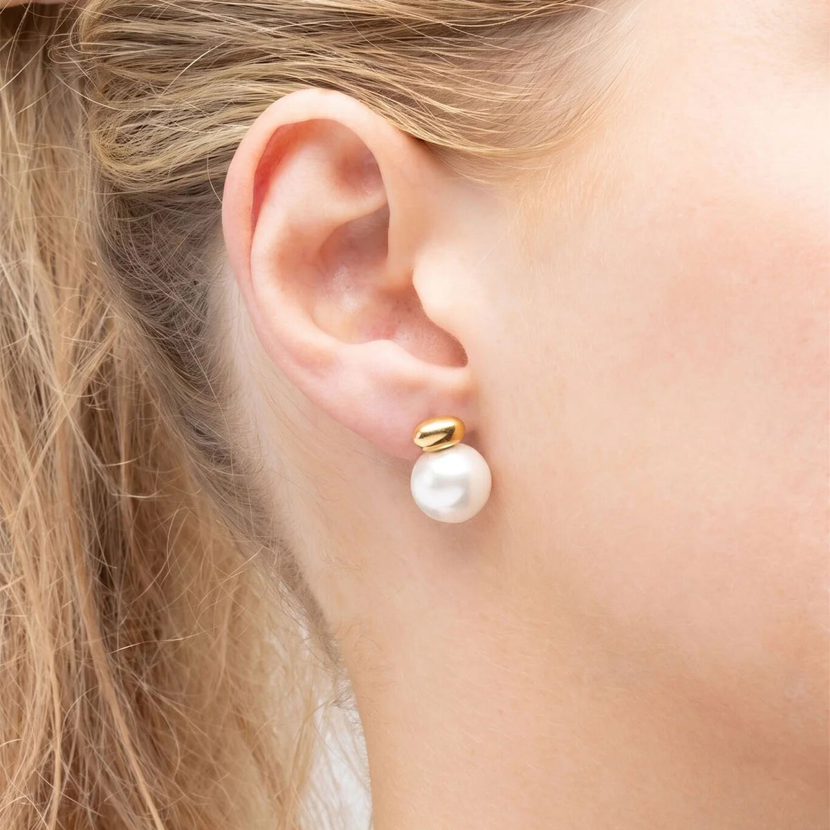 18K Gold PVD Stainless Steel 12mm glass Pearl Stud Earrings= gold model