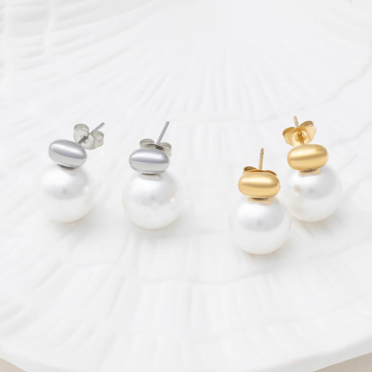 18K Gold PVD Stainless Steel 12mm glass Pearl Stud Earrings- silver and gold studio