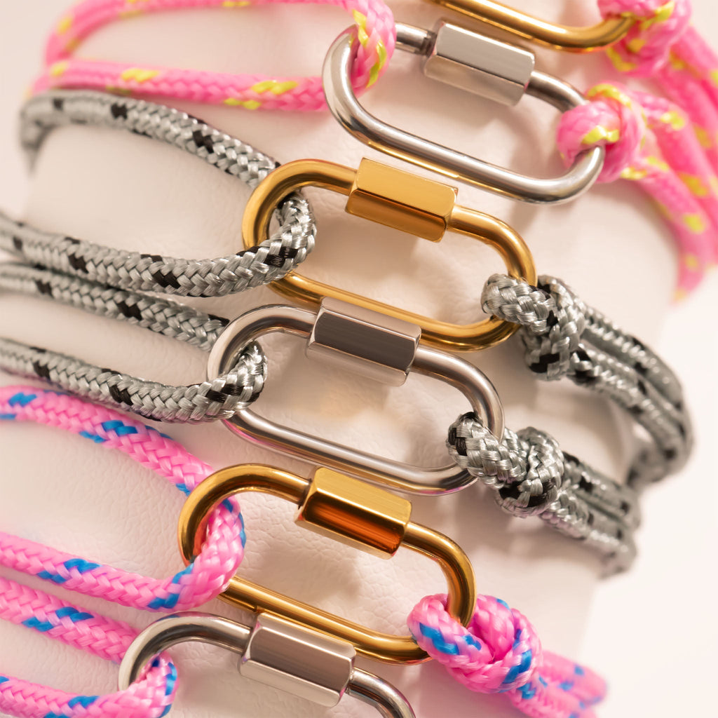 Gold Rope Carabiner Bracelet – Adjustable 18K Gold Jewelry With Grey Rope Accent - Bracelets | Sunflower Soul Boutique