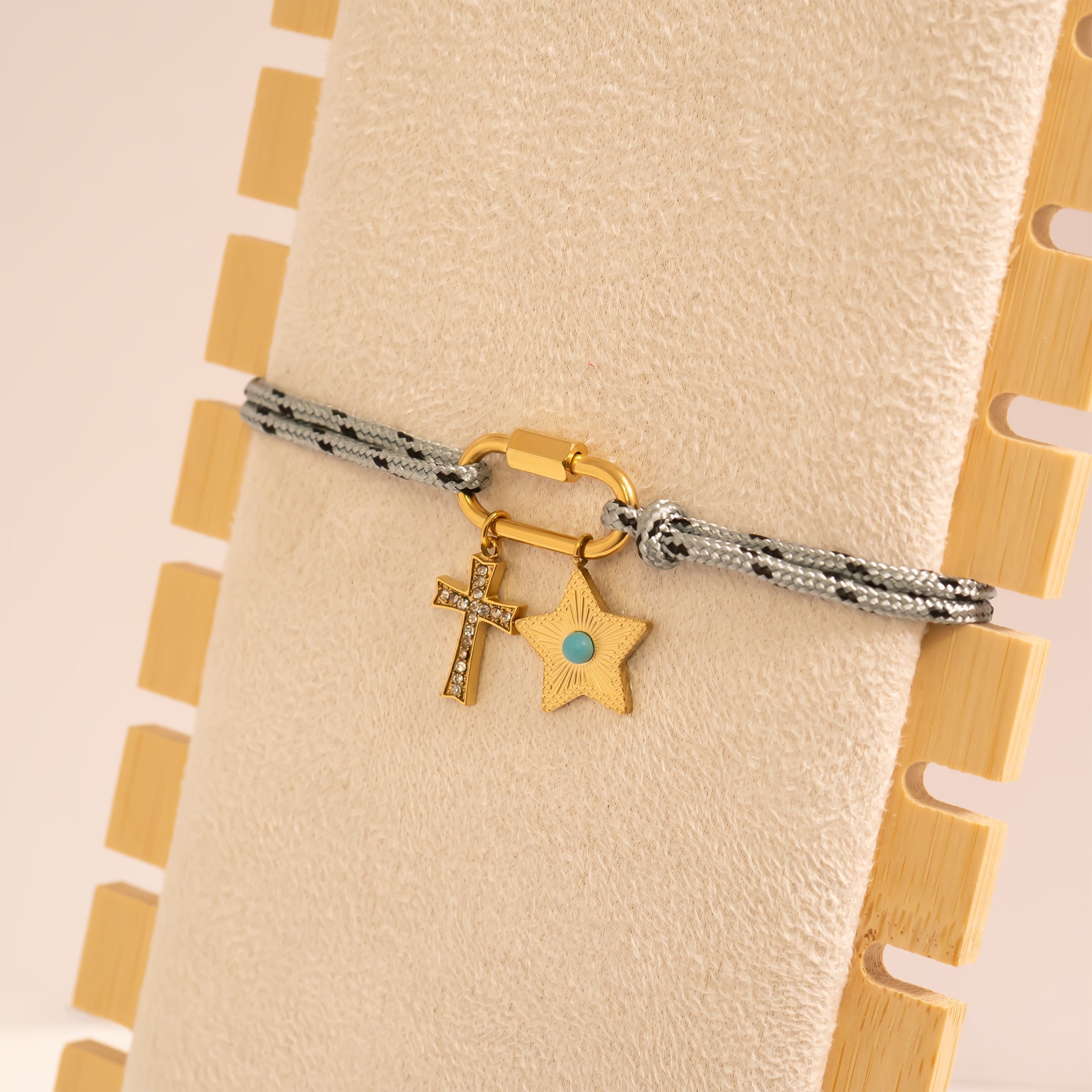 Gold Rope Carabiner Bracelet – Adjustable 18K Gold Jewelry With Grey Rope Accent - Bracelets | Sunflower Soul Boutique