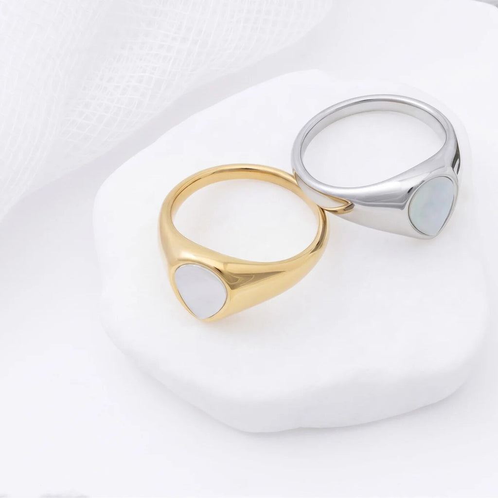 18K Gold PVD Stainless Steel Tear Drop MOP Signet Ring- gold and silver studio