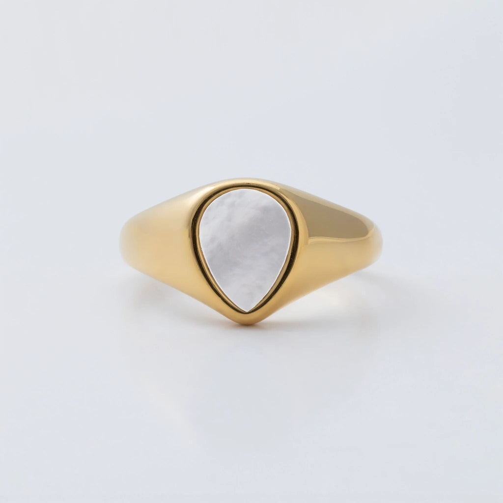 18K Gold PVD Stainless Steel Tear Drop MOP Signet Ring- gold studio