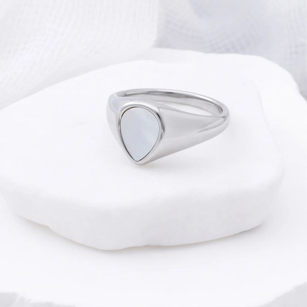18K Gold PVD Stainless Steel Tear Drop MOP Signet Ring- silver studio