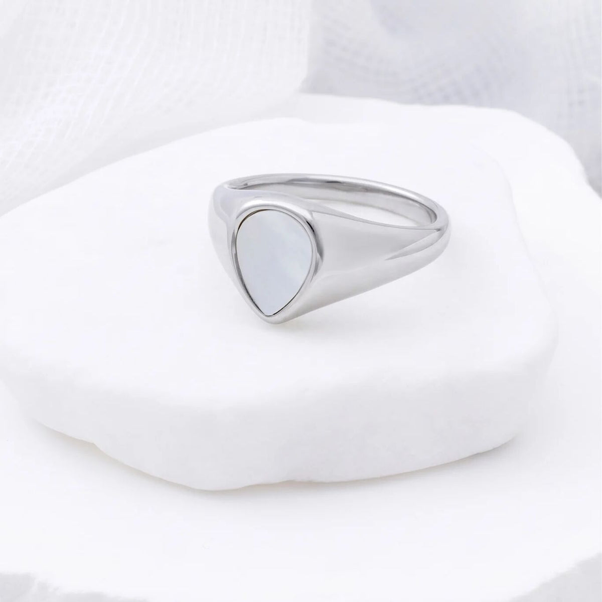 18K Gold PVD Stainless Steel Tear Drop MOP Signet Ring- silver studio