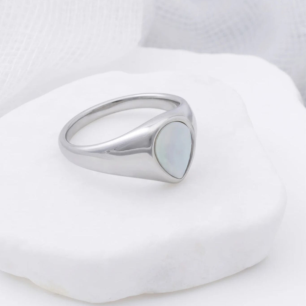 18K Gold PVD Stainless Steel Tear Drop MOP Signet Ring- silver studio