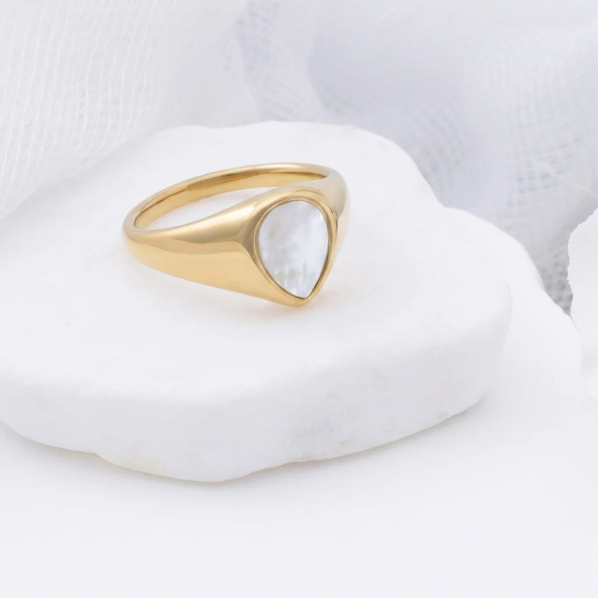18K Gold PVD Stainless Steel Tear Drop MOP Signet Ring- gold studio