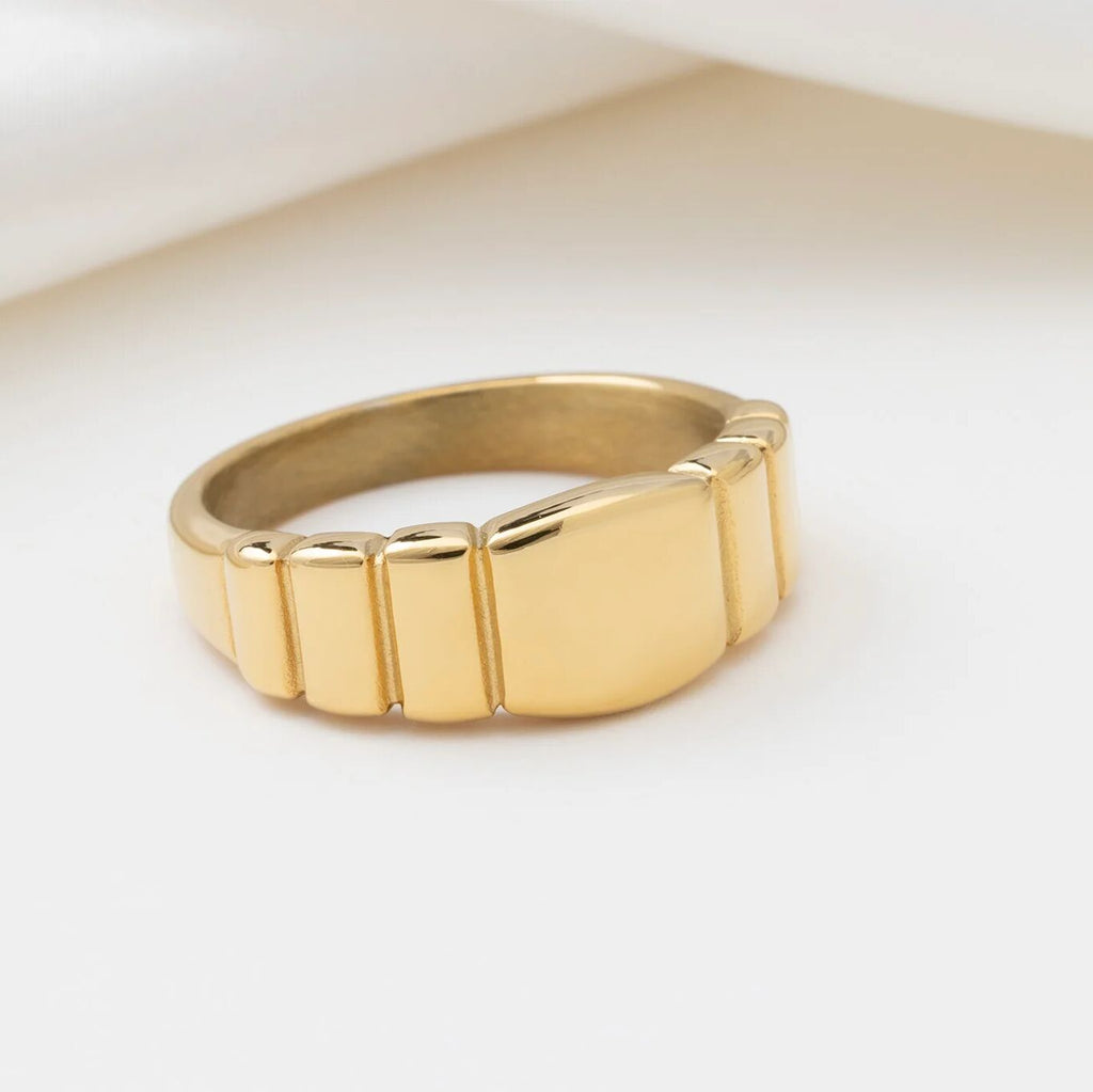 Gold Signet Ring – 18K PVD Stainless Steel Ridged Band | Comfort Fit - Rings | Sunflower Soul Boutique