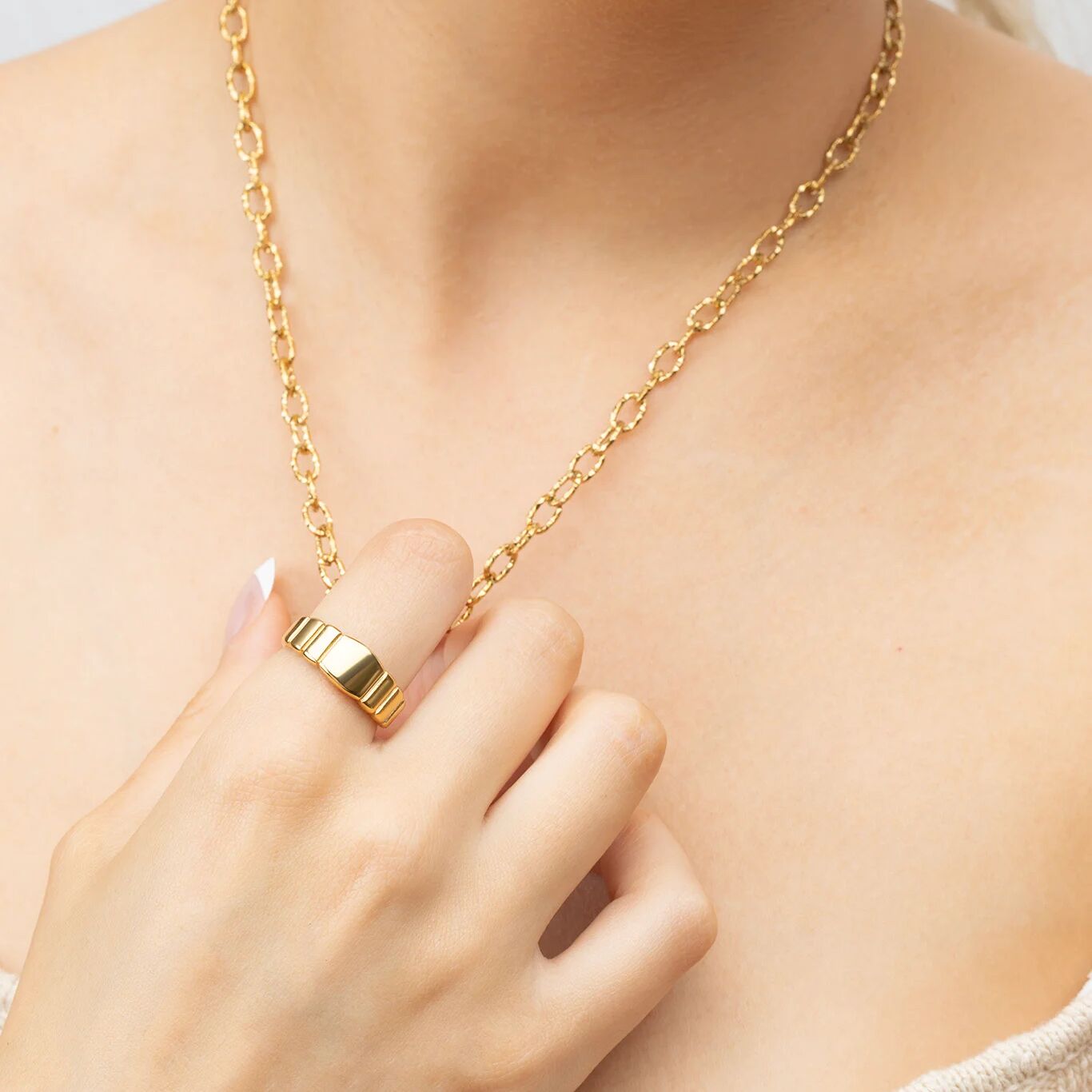 Gold Signet Ring – 18K PVD Stainless Steel Ridged Band | Comfort Fit - Rings | Sunflower Soul Boutique