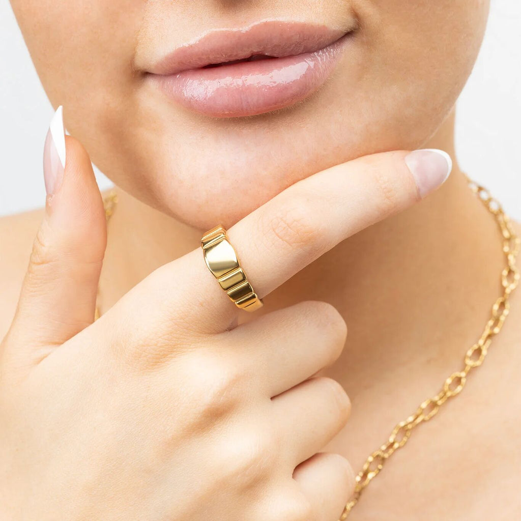 Gold Signet Ring – 18K PVD Stainless Steel Ridged Band | Comfort Fit - Rings | Sunflower Soul Boutique