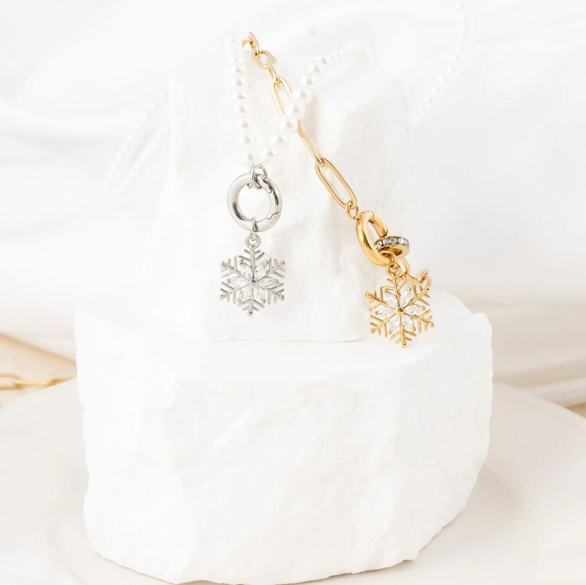 Wholesale Jewelry 18K Gold PVD Stainless Steel Snowflake Charm- silver and gold studio 