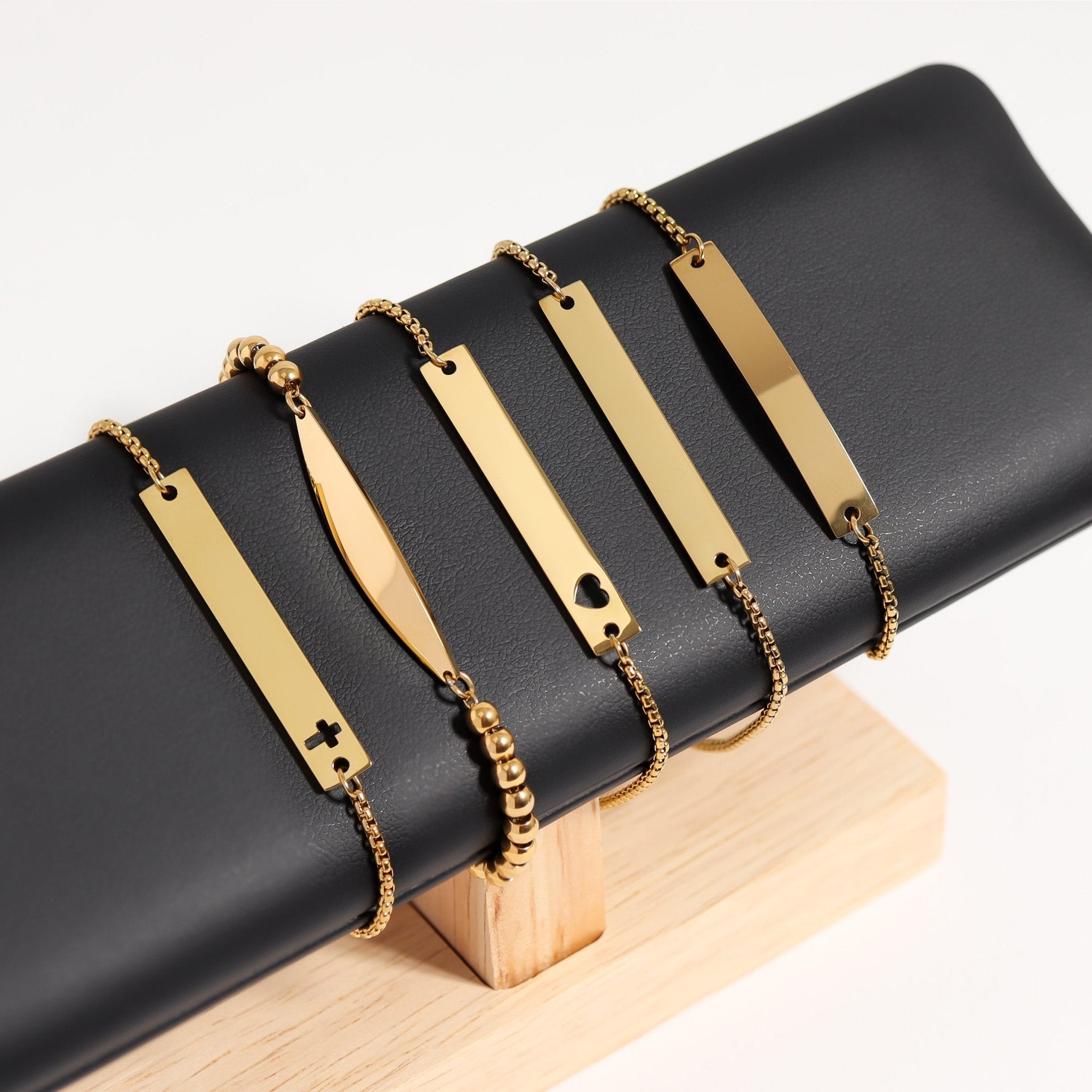 Gold Stainless Steel Bracelet – Adjustable Chain, Flat Bar Cross Cutout - Bracelets | Sunflower Soul Boutique