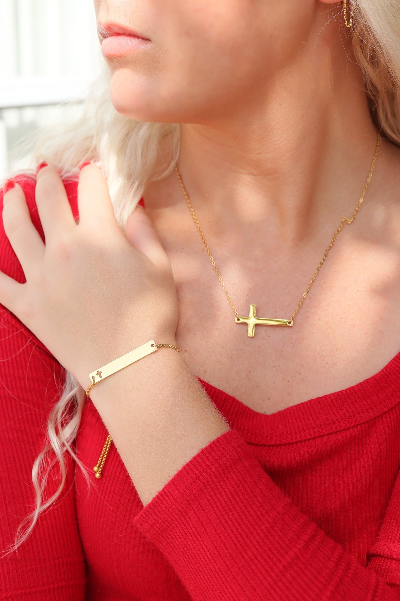 Gold Stainless Steel Bracelet – Adjustable Chain, Flat Bar Cross Cutout - Bracelets | Sunflower Soul Boutique